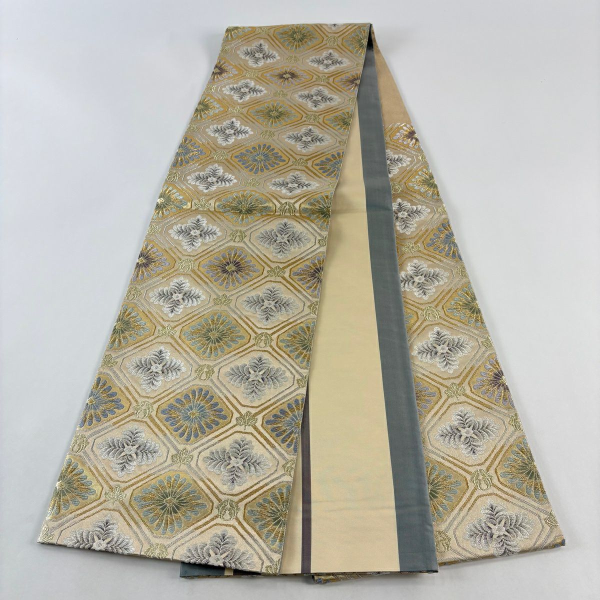 【美品】 袋帶 秀品級 花 蜀江文 金絲 銀絲 金 六通 純蠶絲