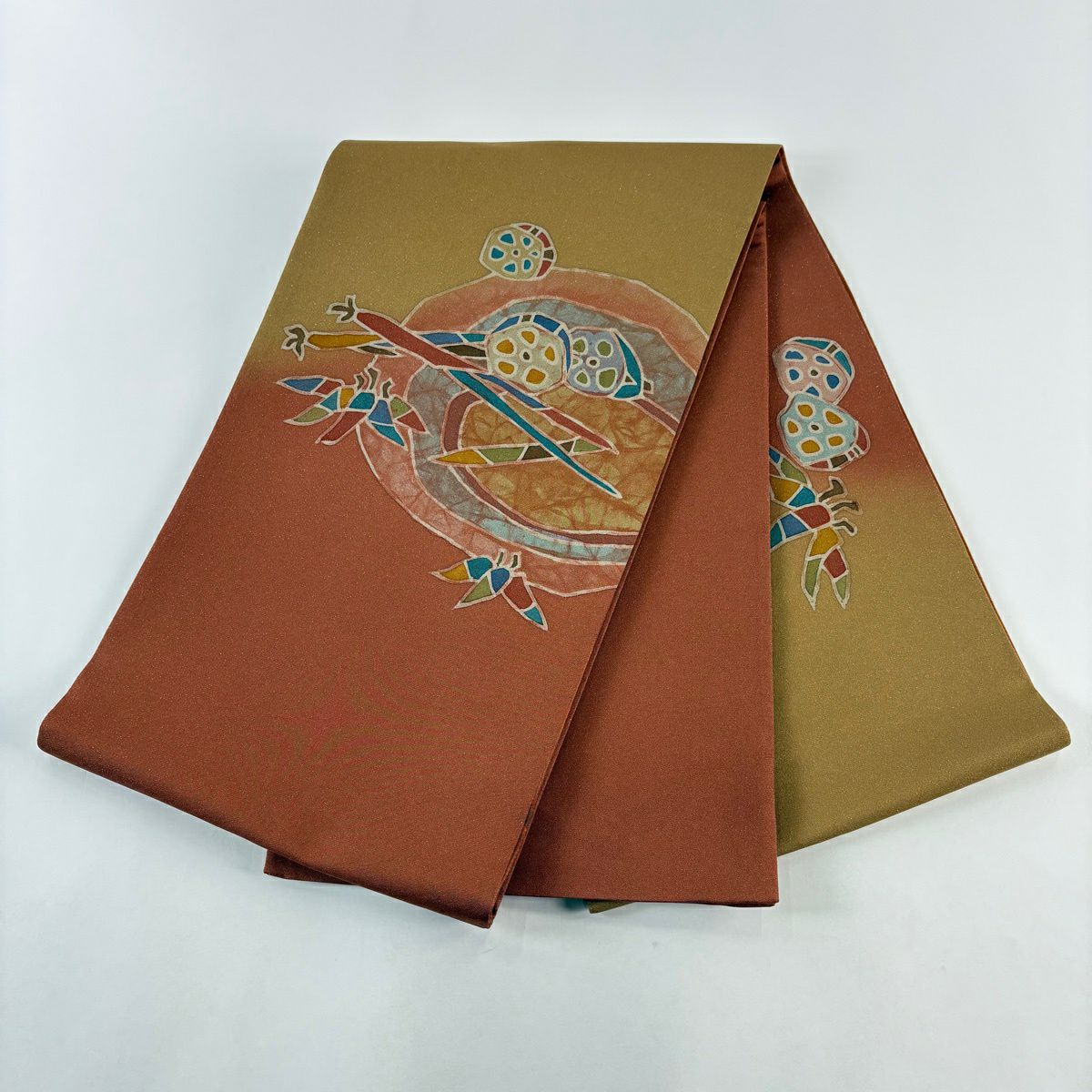 【美品】 袋帶 秀品級 落款あり 蓮根 笹 銀通し 紅茶 お太鼓柄 純蠶絲