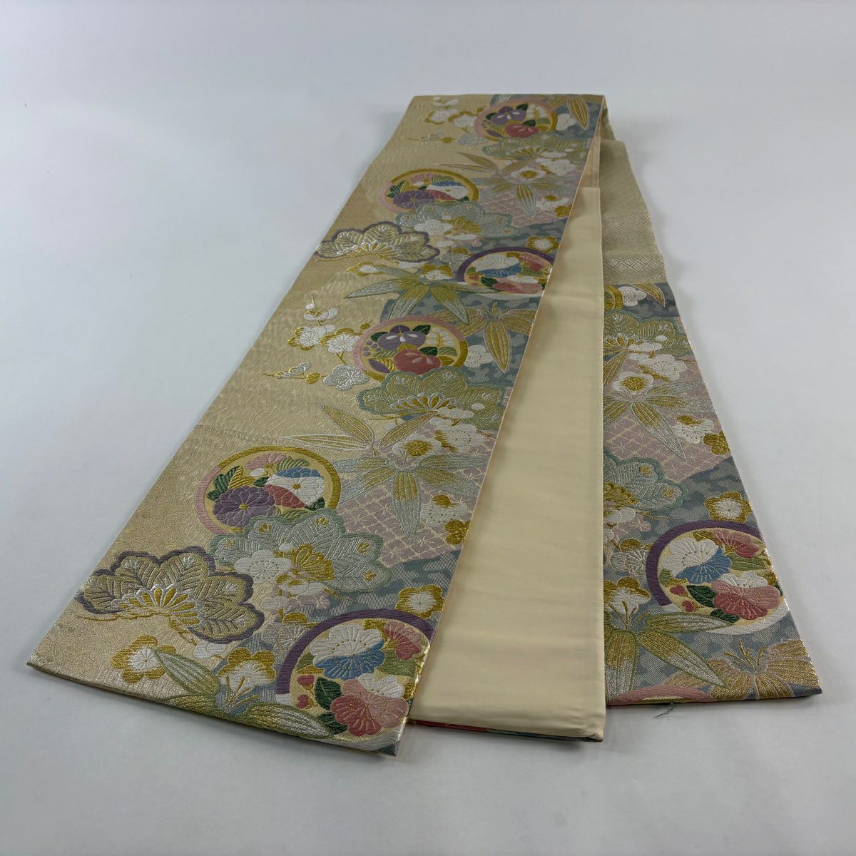 袋帶 秀品級 松樹竹子梅花 菊花 金銀線 金金箔 金色 六通 純蠶絲
