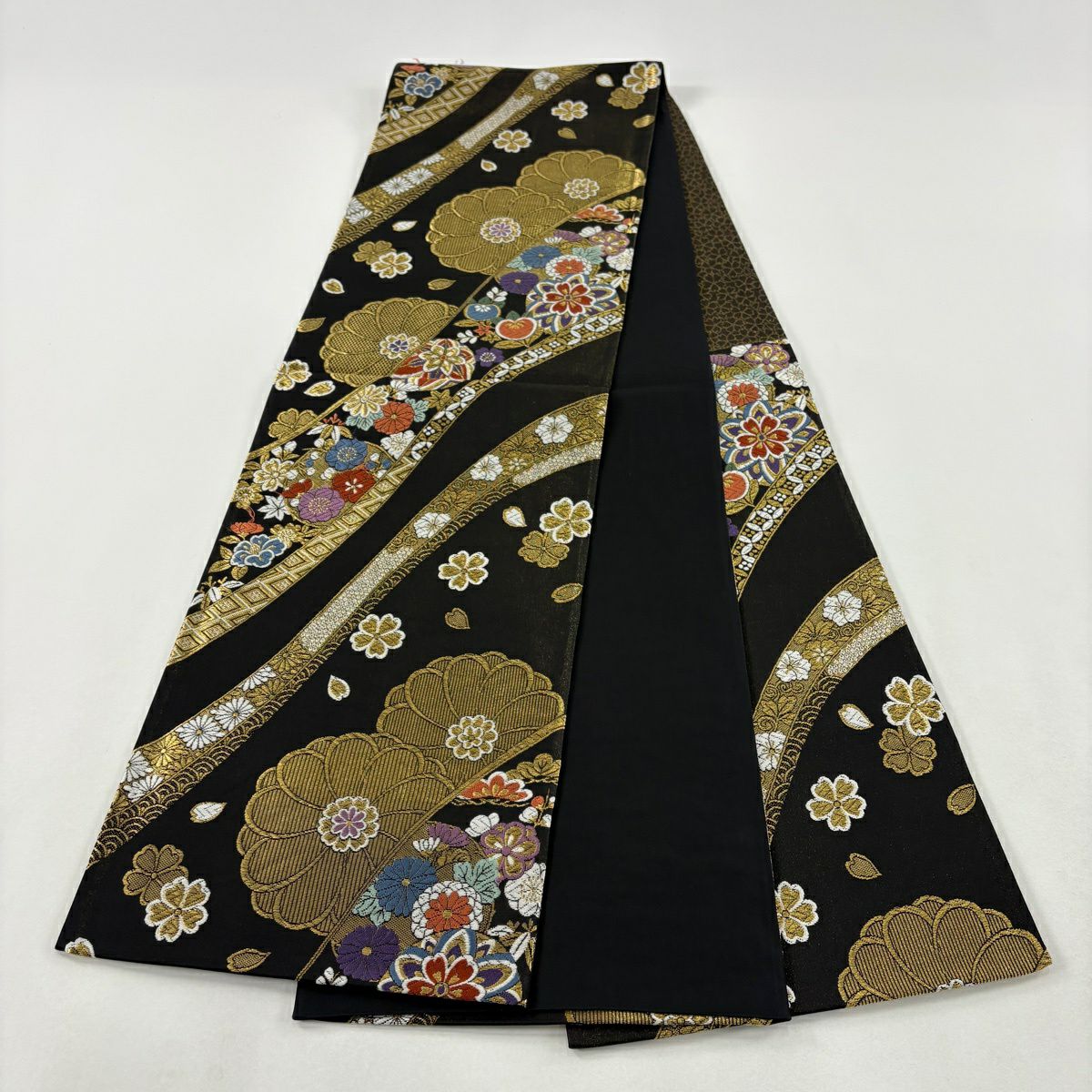 袋帶 秀品級 草花紋紋 刺繡 金絲 黑 六通 純蠶絲