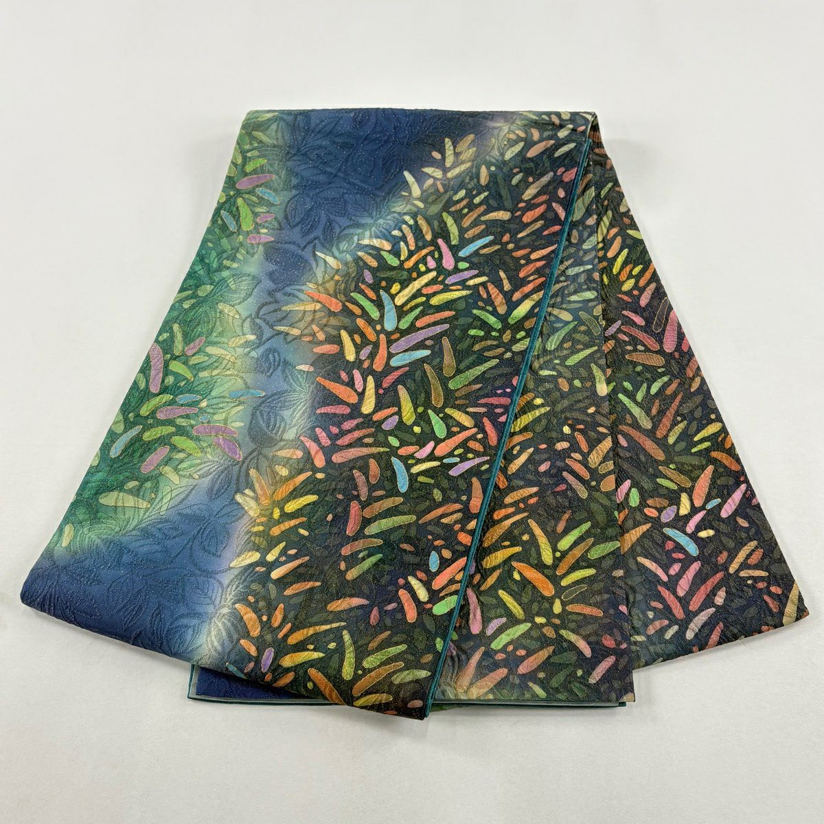 袋帶 秀品級 幾何圖案 葉 金通 金銀彩 青色 大鼓圖案 純蠶絲