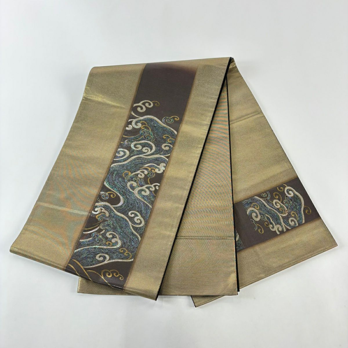 【美品】 袋帶 秀品級 波頭 金金箔 金色 大鼓圖案 純蠶絲