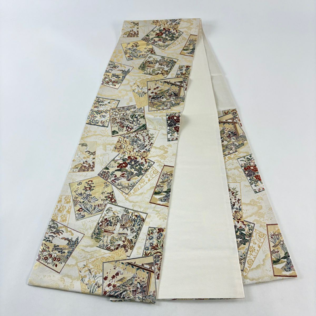 【美品】 袋帶 秀品級 王朝綴 色紙 人物 金金箔 金絲 灰白 六通 純蠶絲