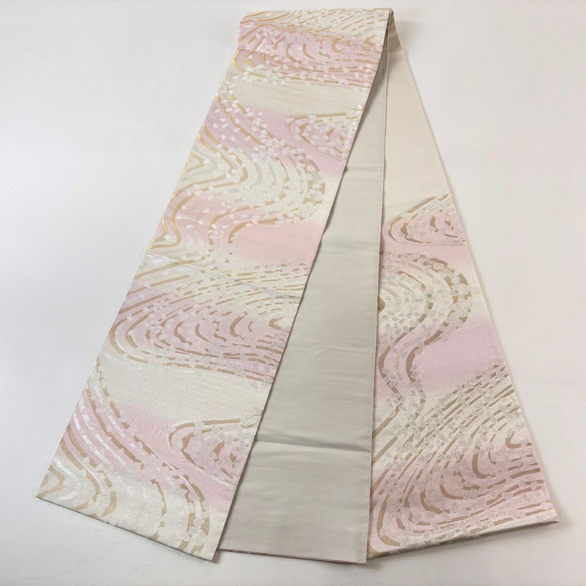 【美品】 袋帶 名品級 櫻花花瓣 流水 金絲 金金箔 淺粉色 六通 純蠶絲
