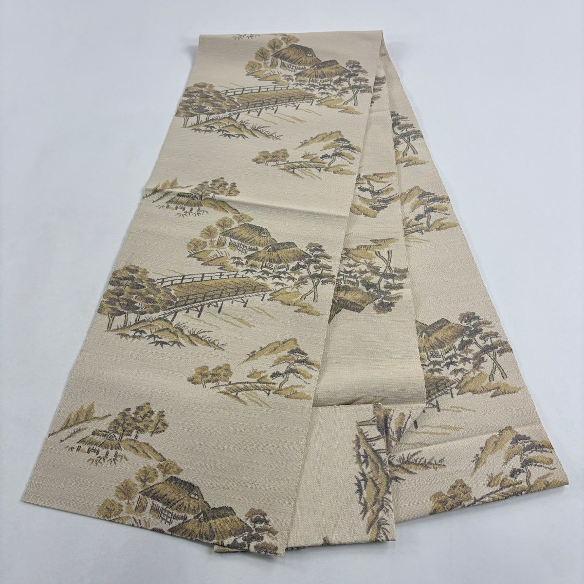 名古屋帶 名品級 紬織織 松樹葉仕立 八寸名古屋帶 建築物 橋 薄茶 純蠶絲