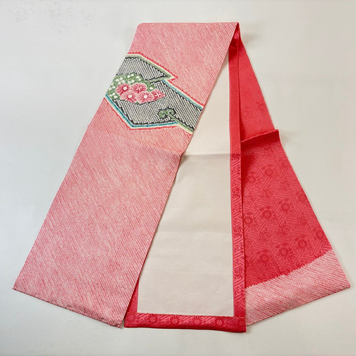 【美品】 開口名古屋帶 名品級 菊花花 幾何圖案 絞染 粉紅 純蠶絲
