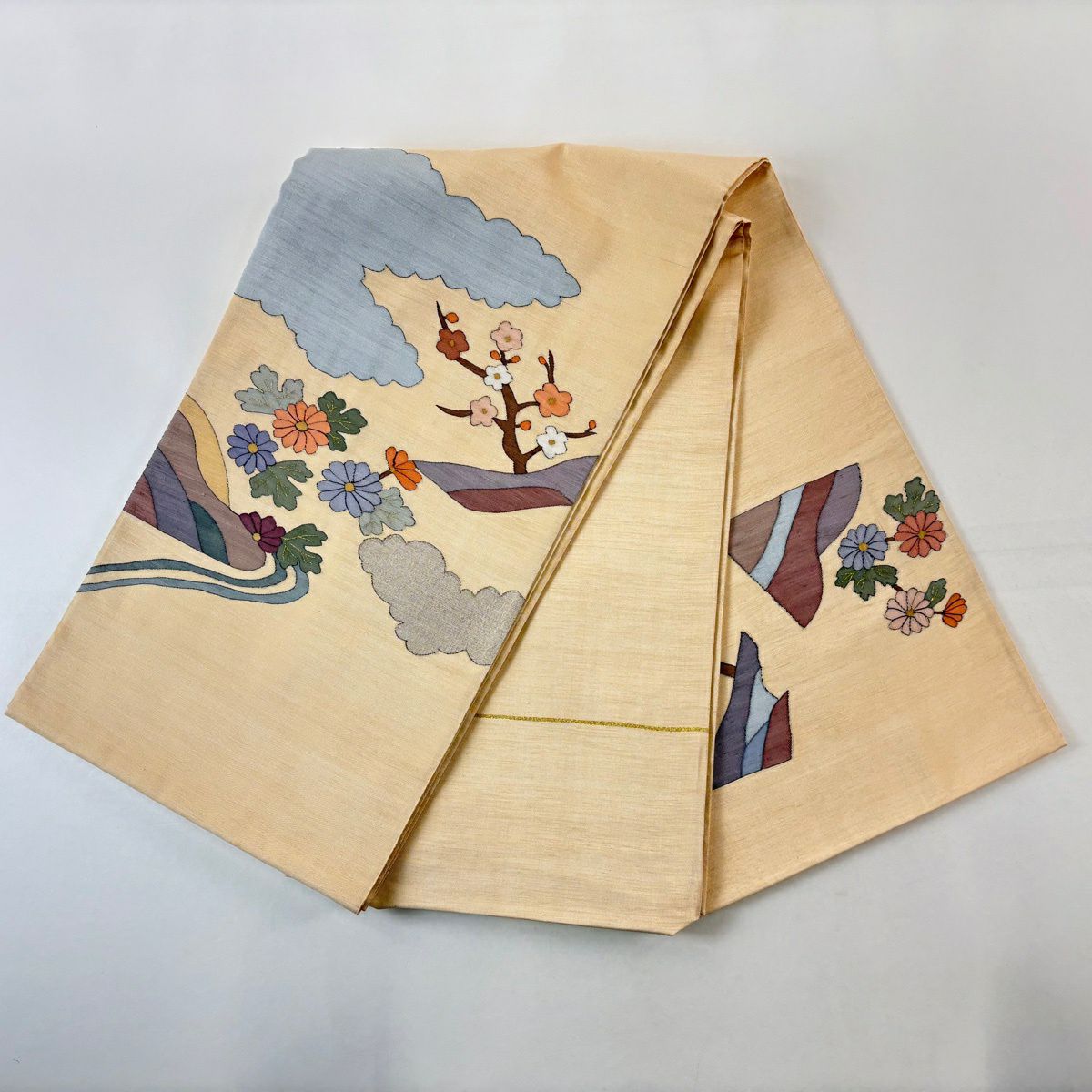袋帶 名品級 菊花 雲文 金絲 淺橙色 大鼓圖案 純蠶絲