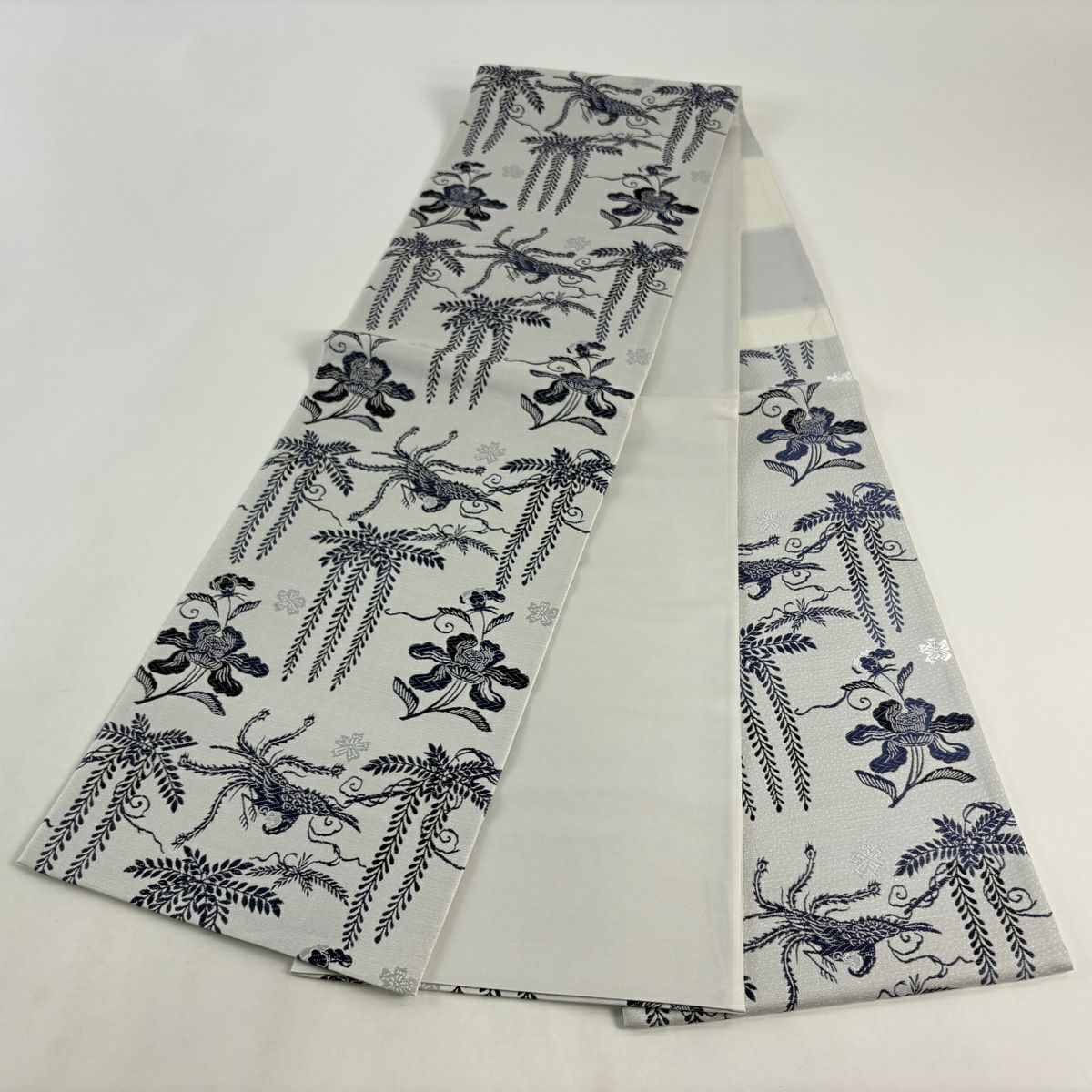 【美品】 袋帶 名品級 草花紋 鳥 灰 深藍 六通 純蠶絲