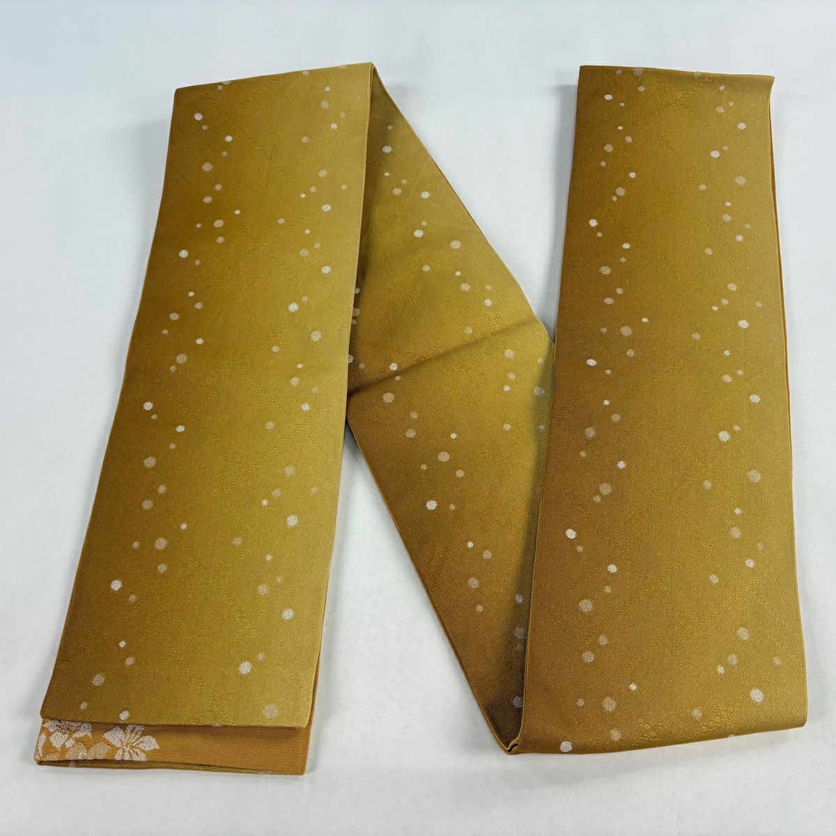 【美品】半幅帶 優品級 幾何學 金金箔 山吹 綠 化纖