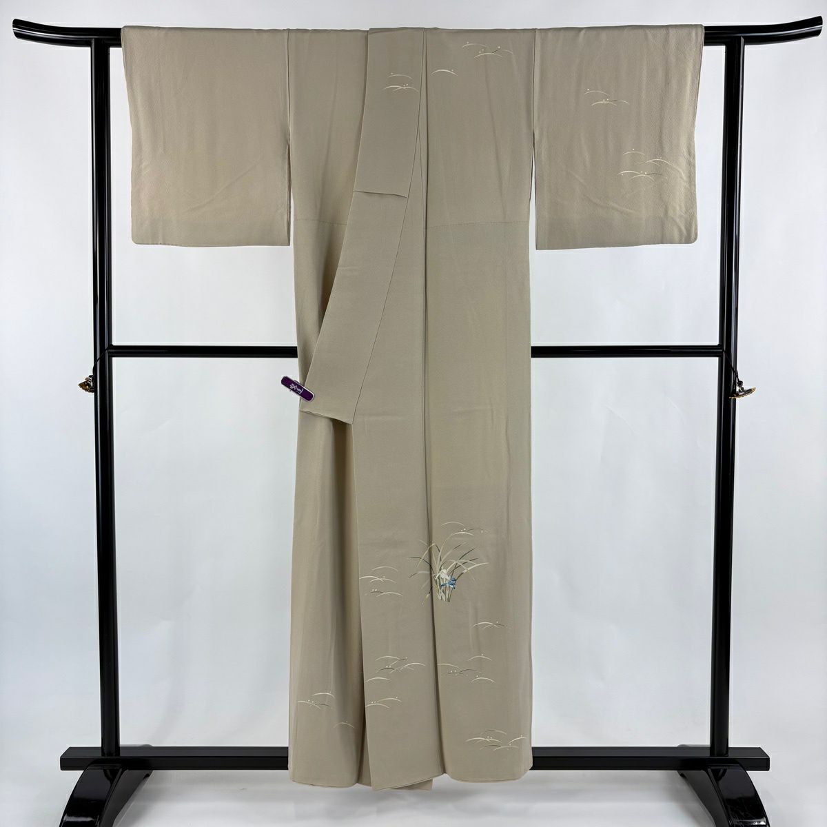 付下 身長154cm 袖長65.5cm M 雙層 柿本市郎 落款あり 露芝 草花紋紋 米色 純蠶絲 逸品級