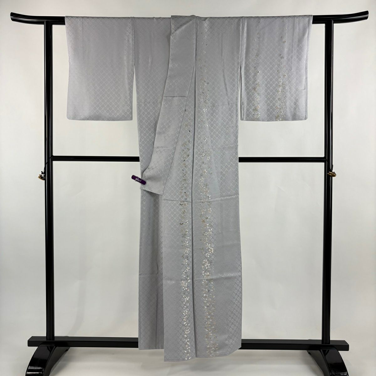 小紋 身長152.5cm 袖長62cm S 雙層 山口美術織物 鈴乃屋 落款あり 櫻 花 楓 樹刺繡 金銀彩 淺紫 純蠶絲 逸品級