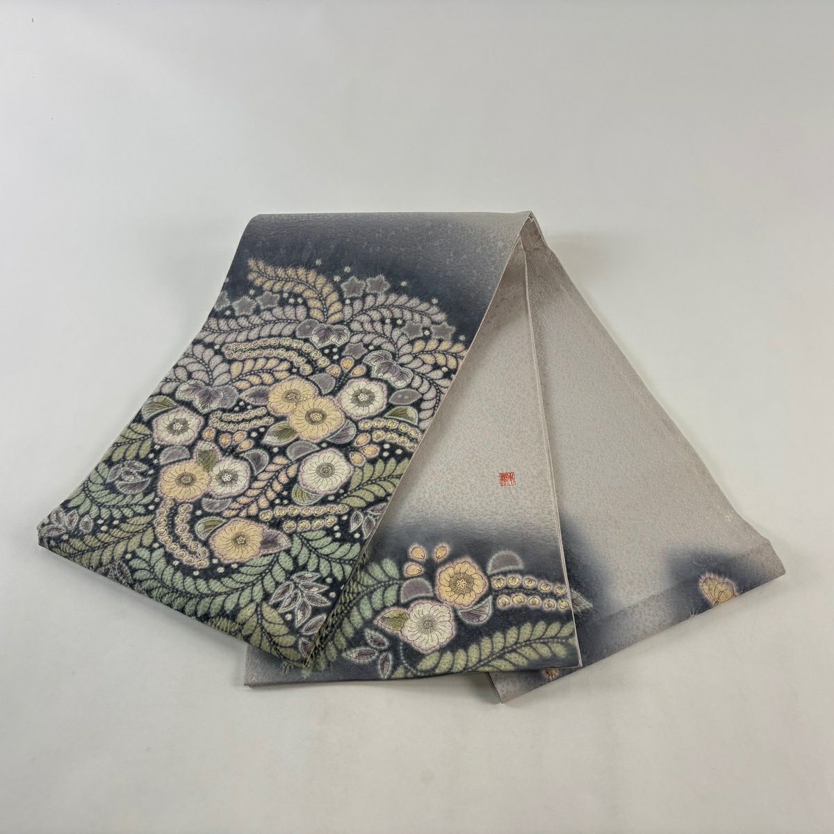 【美品】 袋帶 名品級 附有落款 櫻花 藤 金絲 絞染 灰色 大鼓圖案 純蠶絲
