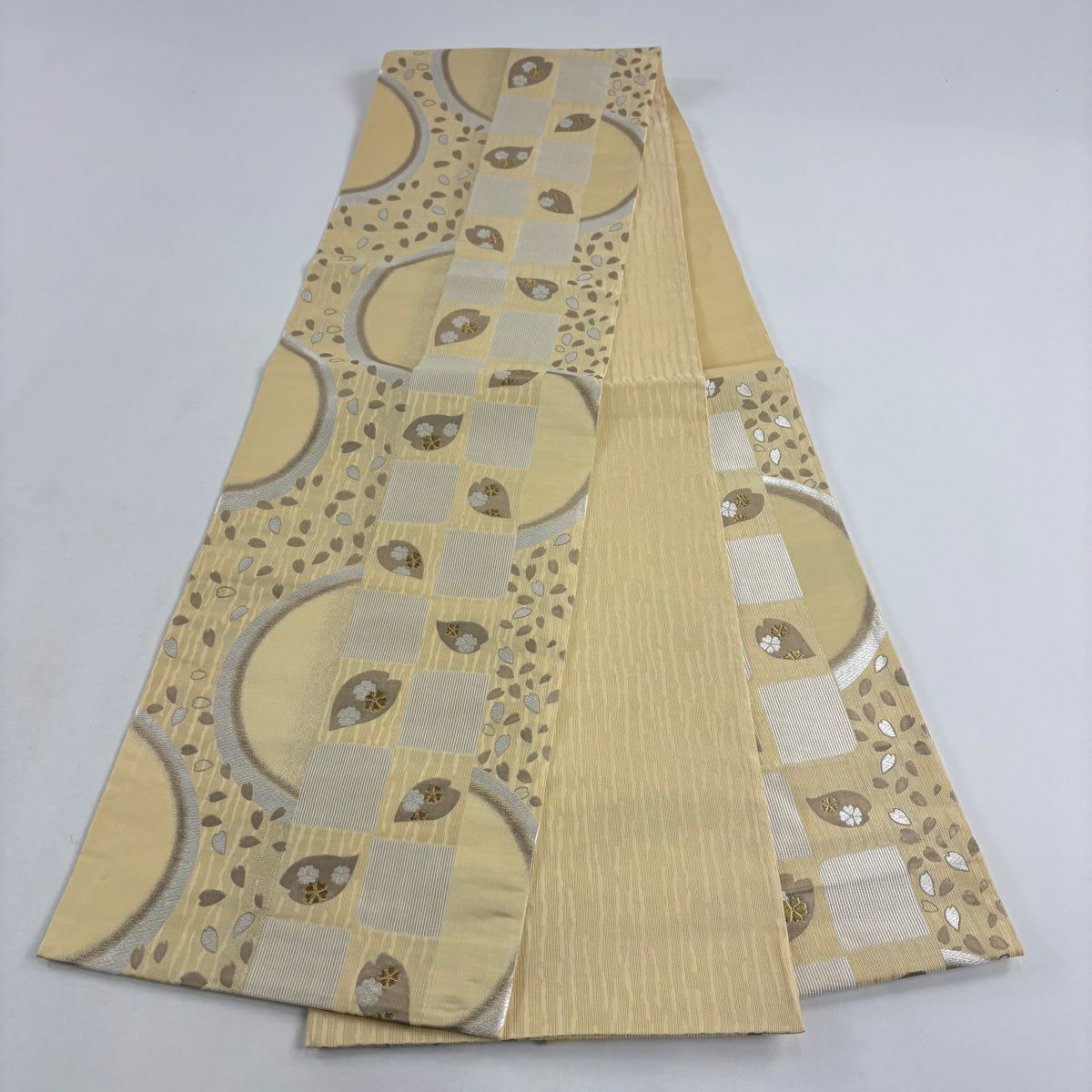 袋帶 名品級 花瓣 櫻花 刺繡 金線 淺土色 六通 純蠶絲