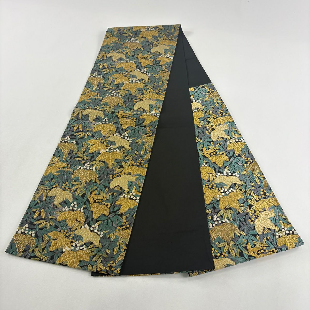 袋帶 名品級 端繡桐壽紋 端繡桐壽紋 刺繡 金絲 黑 六通 純蠶絲