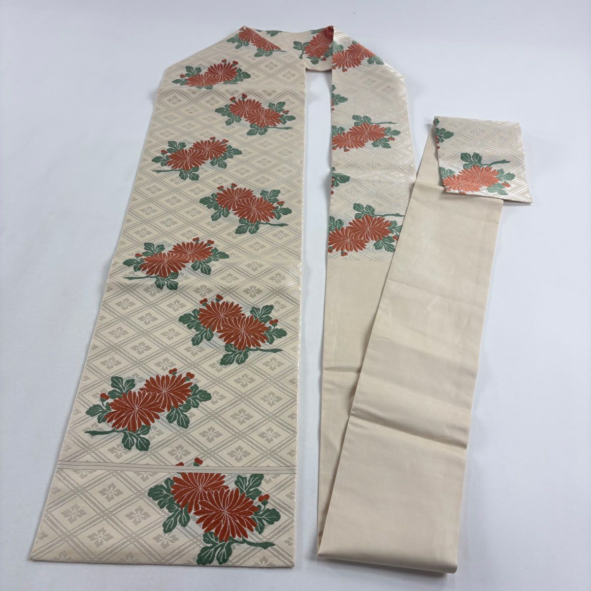 名古屋帶 名品級 菊花 菱 刺繡 奶油色 純蠶絲