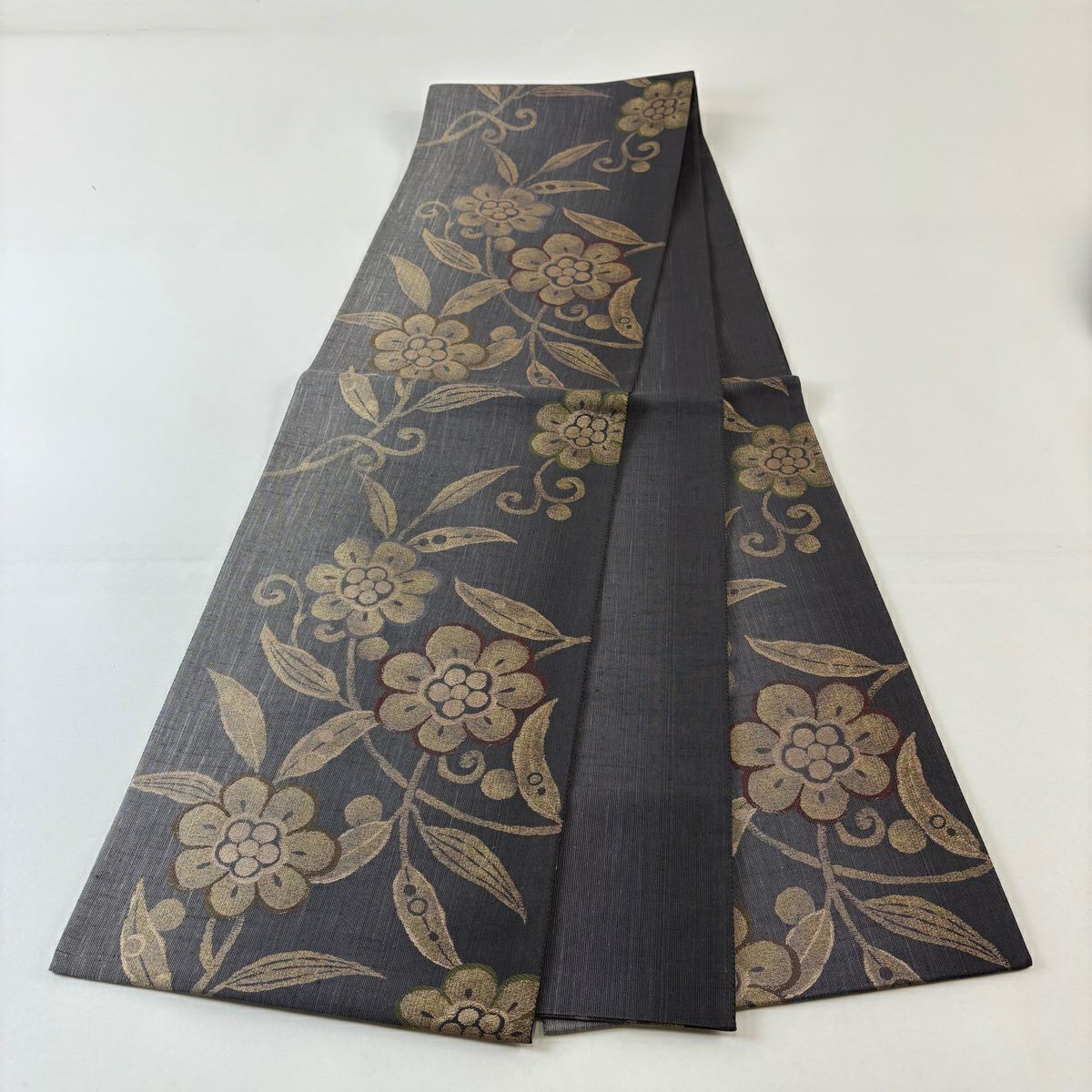 【美品】 袋帶 名品級 紬織織 花唐草紋 金絲 金金箔 灰紫 六通 純蠶絲