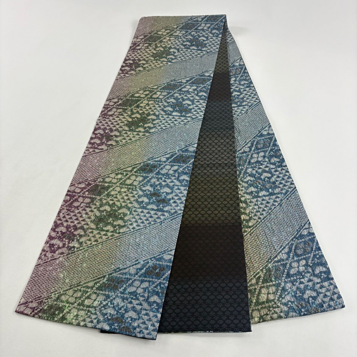 【美品】 袋帶 名品級 笠松樹 鱗 金金箔 青綠 全通 純蠶絲