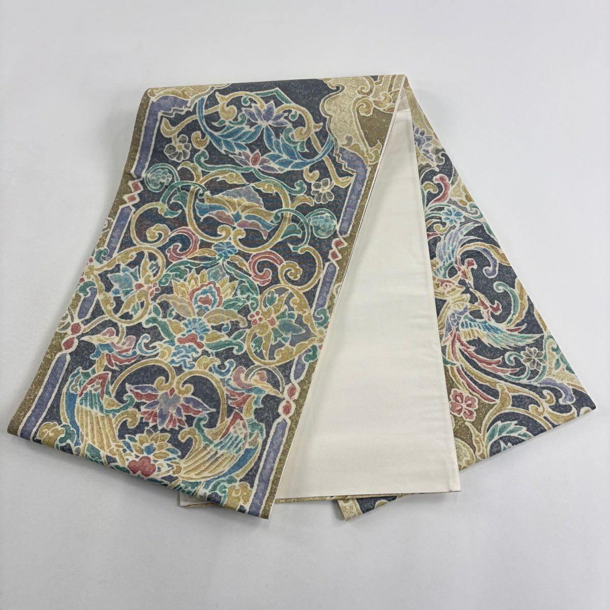 【美品】 袋帶 名品級 落款あり 草花紋 幾何學圖案 金金箔 黑灰 お太鼓柄 純蠶絲