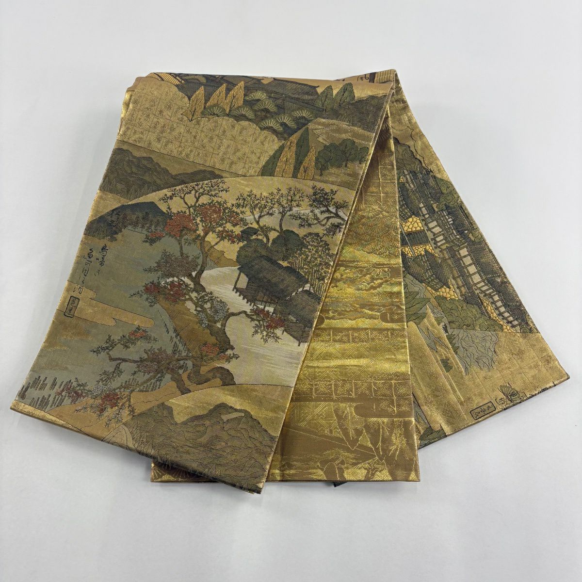 袋帶 名品級 證書齊全 風景 奥之細道 金金箔 金色 大鼓圖案 純蠶絲
