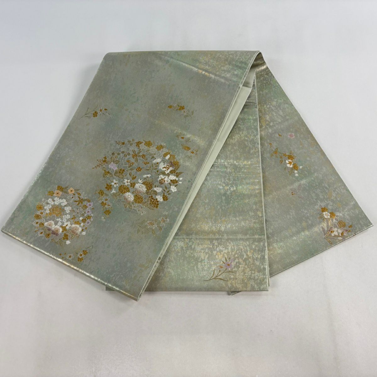 【美品】 袋帶 逸品級 和田光正 落款 草花紋 櫻花 金銀彩 金金箔 薄綠 お太鼓柄 純蠶絲