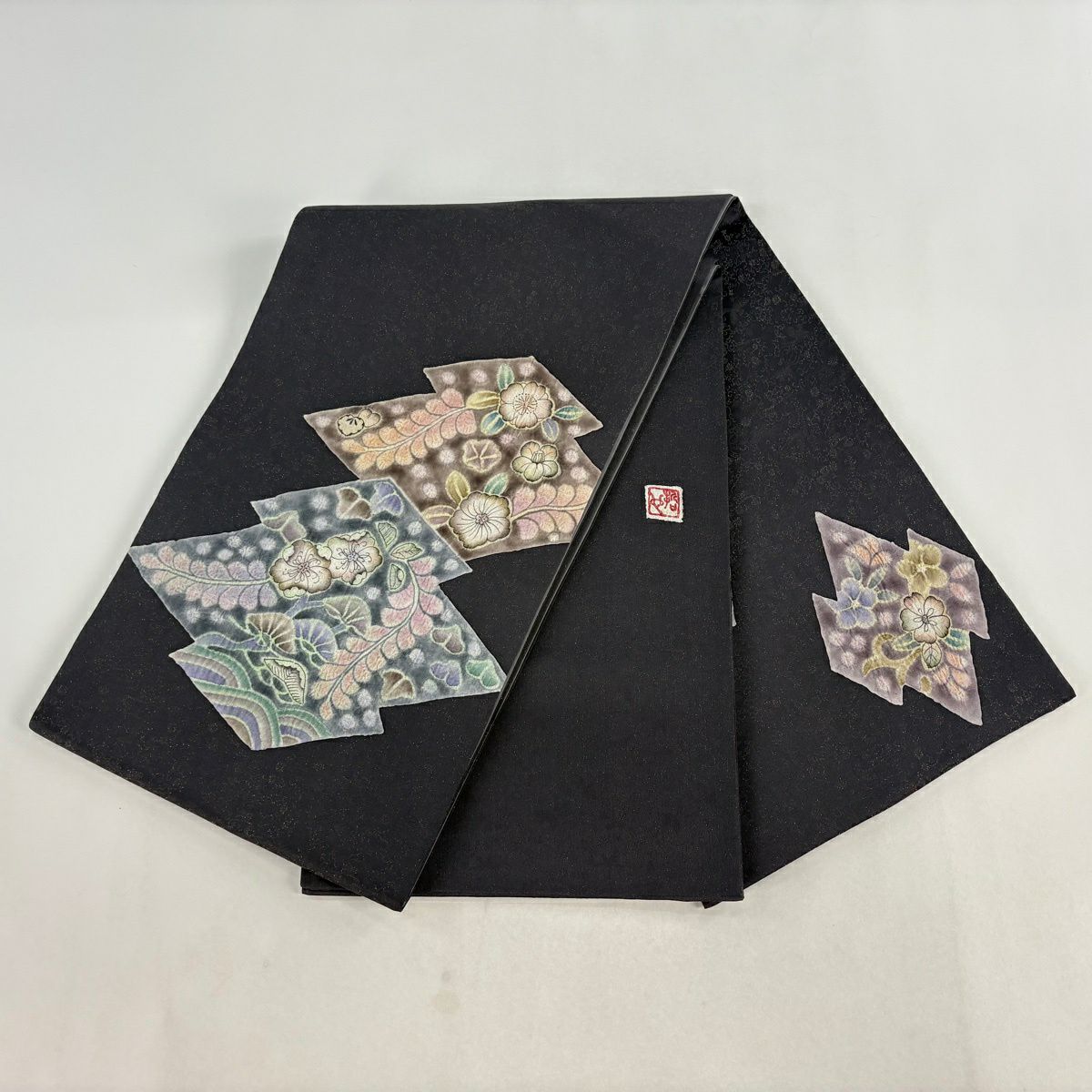 【美品】 袋帶 逸品級 樋熊哲也 落款あり 辻花染 地紋 絞染 金通し 濃紫 お太鼓柄 純蠶絲