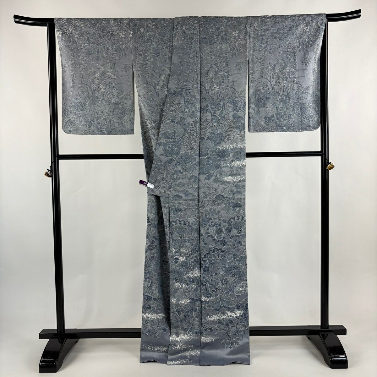 訪問服 身長169cm 袖長69.5cm L 雙層 山岡古都 紋意匠 落款あり 松樹 櫻花 青灰 純蠶絲 逸品級