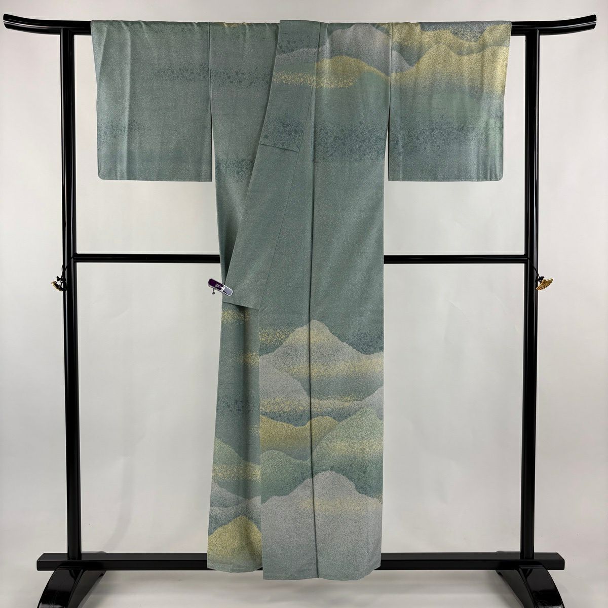 訪問服 身長154.5cm 袖長64cm M 雙層 牛首紬織織 落款あり 證書あり 山並み 薄綠 純蠶絲 逸品級
