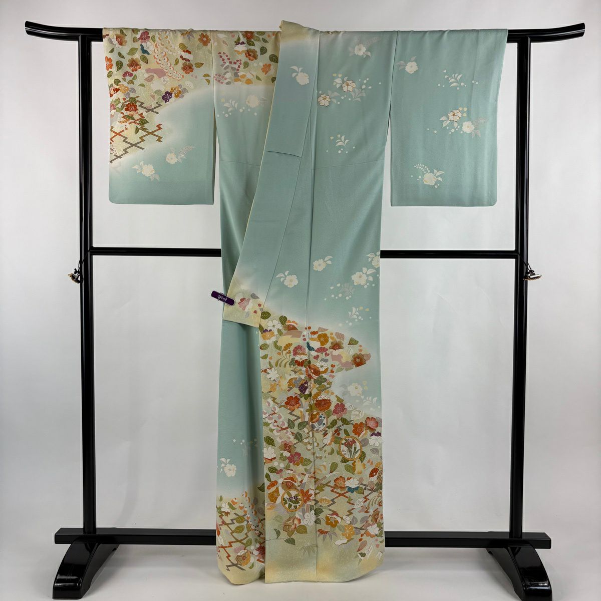 訪問服 身長164.5cm 袖長64cm M 雙層 千總 落款 草花紋 圓文 金絲 金銀彩 水色 純蠶絲 逸品級