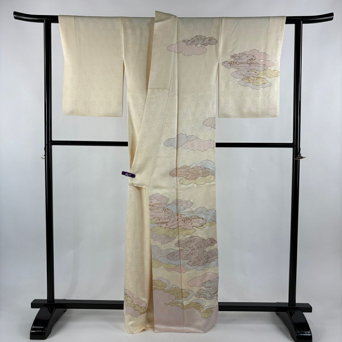訪問服 身長164.5cm 袖長64.5cm M 雙層 藤井寛 落款あり 雲文 花鳥 金絲 金銀彩 奶油色 純蠶絲 逸品級