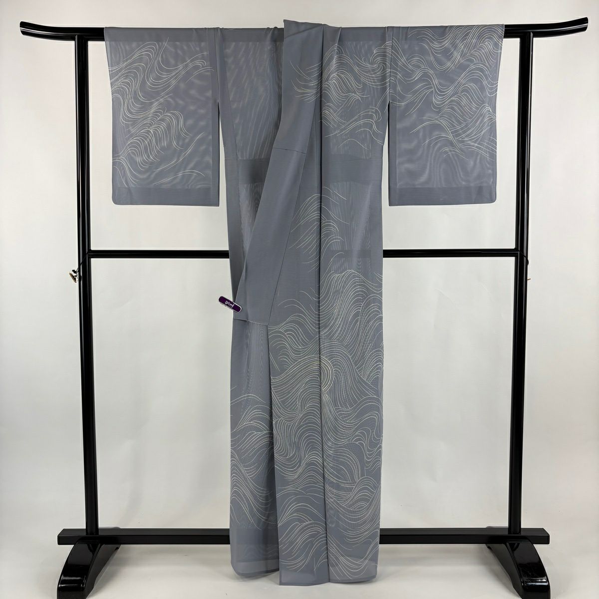 訪問服 身長161.5cm 袖長64.5cm M 薄物 千總 絽 落款あり 波 金金箔 青灰 純蠶絲 逸品級