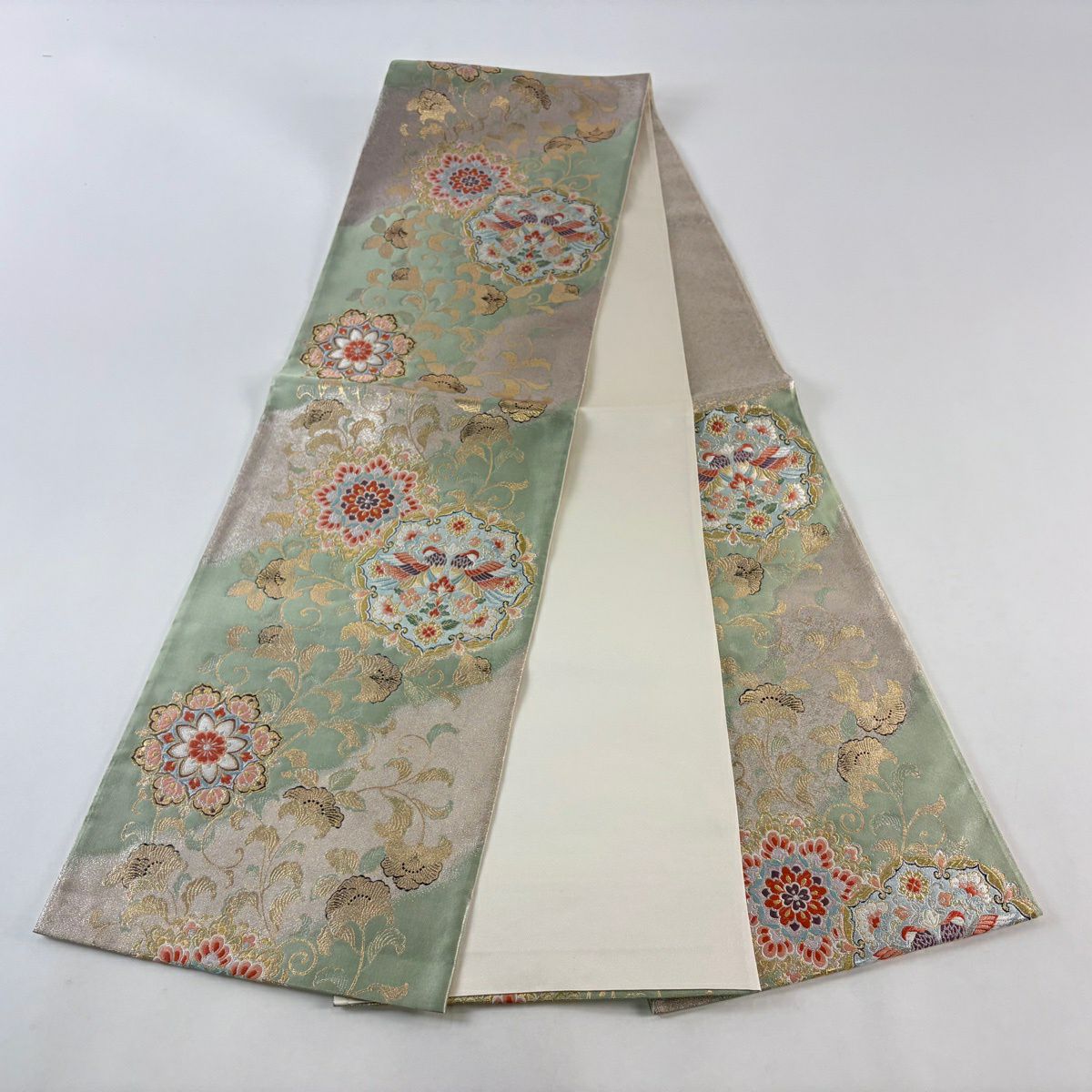 【美品】 袋帶 秀品級 華紋 向鳥 唐織 金金箔 淺綠 六通 純蠶絲