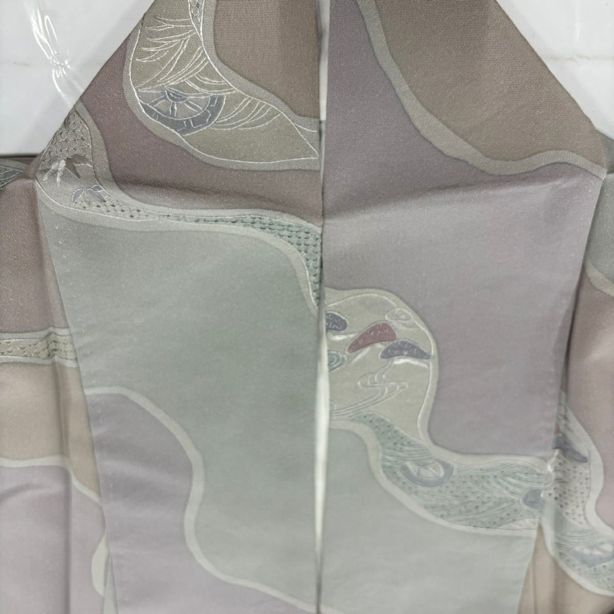 【美品】 小紋 身長171cm 袖長65cm M 雙層 片輪車 松樹 刺繡 灰紫 純蠶絲 秀品級
