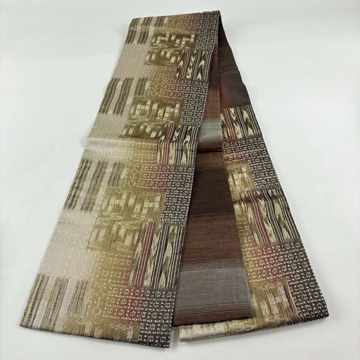 【美品】 袋帶 名品級 大和 本泥染 條紋 幾何學 金絲 金金箔 淺茶 六通 純蠶絲