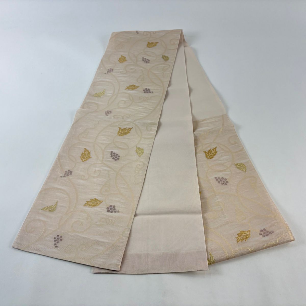 【美品】 袋帶 名品級 夏帶 葡萄唐草紋 金絲 金金箔 粉米色 六通 純蠶絲