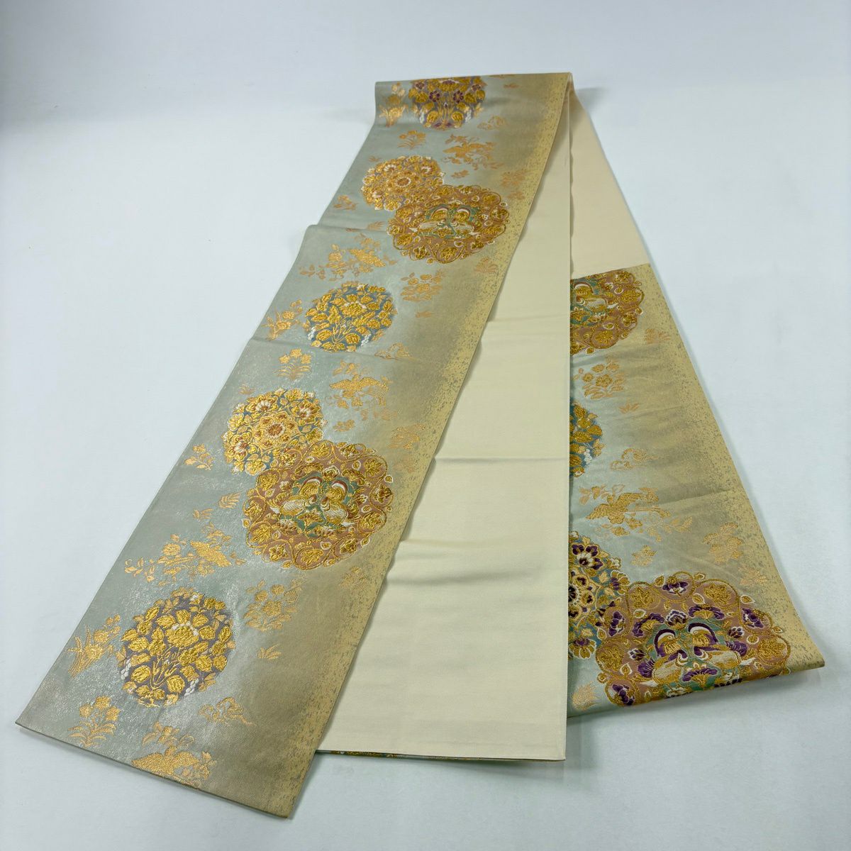 袋帶 名品級 じゅらく 落款あり 帝王紫 華紋 向かい鳥 金金箔 金絲 米色 大鼓圖案 純蠶絲