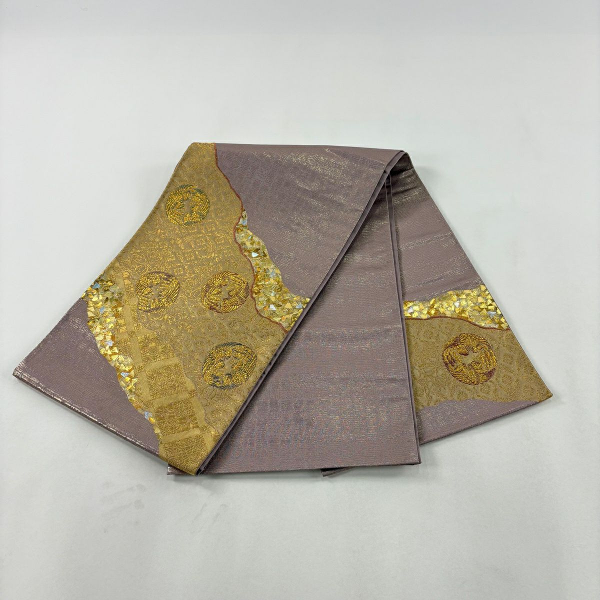 【美品】 袋帶 名品級 堀省平 落款 鳥 花菱 金金箔 金線 金色 大鼓圖案 純蠶絲