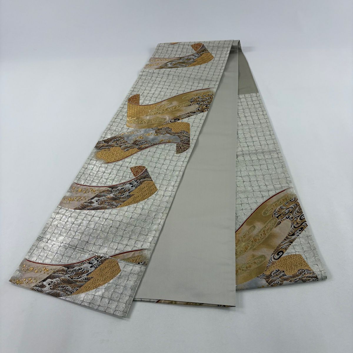 【美品】 袋帶 名品級 加納幸 落款 波 ヱ霞 金金箔 金絲 灰白 お太鼓圖案 純蠶絲