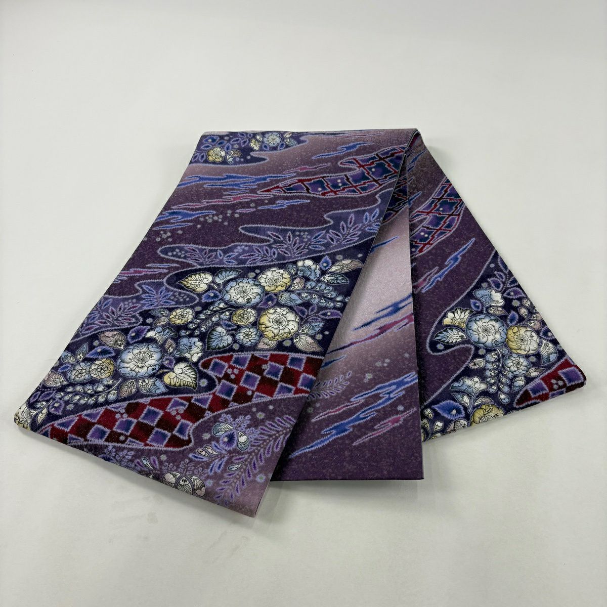 【美品】 袋帶 名品級 辻花染 霞 金金箔 紫 お太鼓圖案 純蠶絲