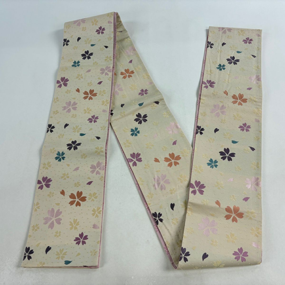 【美品】半幅帶 優品級 想屋 櫻花花瓣 米色 化纖