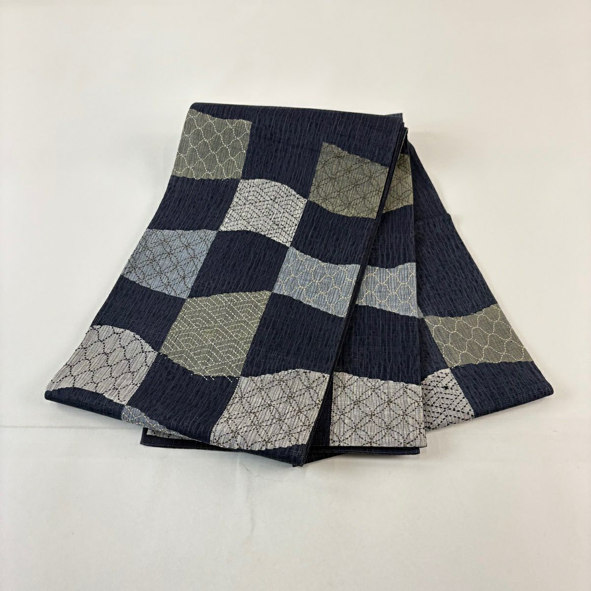 袋帶 名品級 青海波 七寶刺繡 深藍色 大鼓圖案 純蠶絲