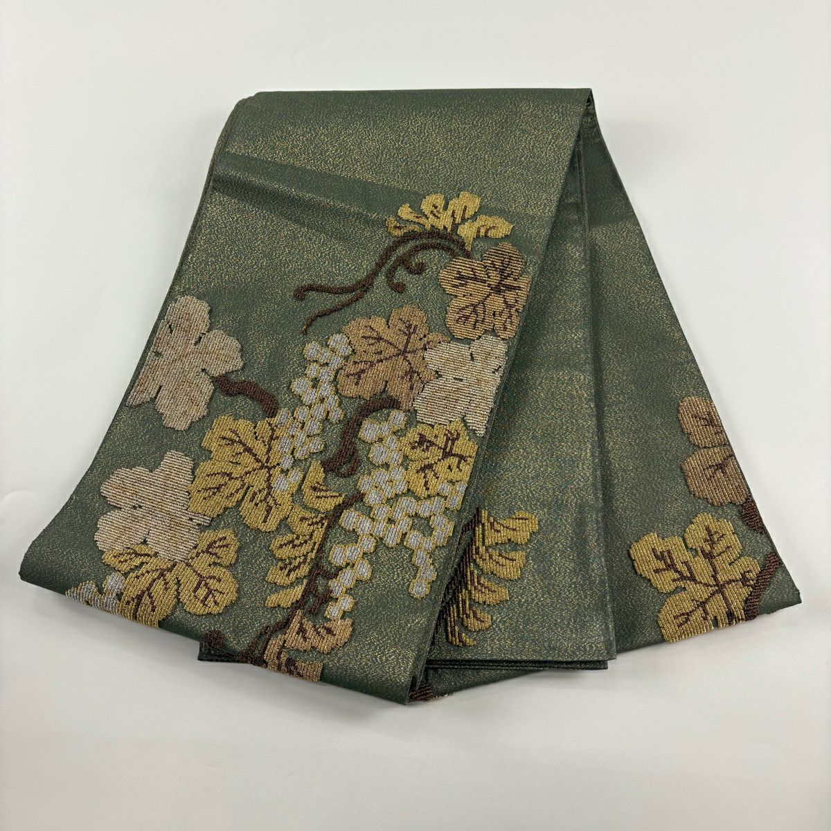 【美品】 袋帶 名品級 葡萄唐草紋 金通 輪奈織 鶯 綠 お太鼓圖案 純蠶絲