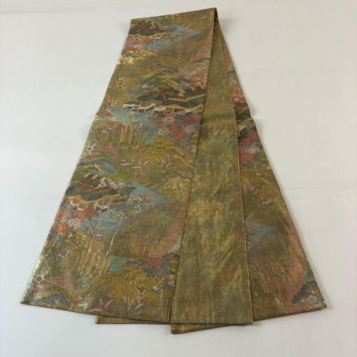 袋帶 名品級 關西仕立 家屋 松樹竹子梅花 金金箔 金絲 金色 全通 純蠶絲