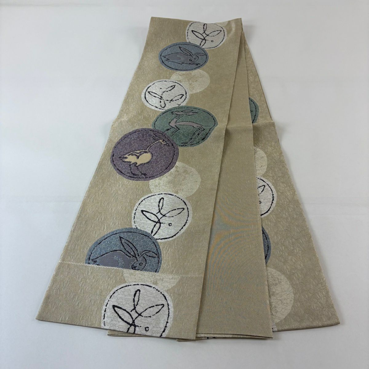 【美品】 袋帶 名品級 圓文 動物 金絲 金金箔 米色 六通 純蠶絲