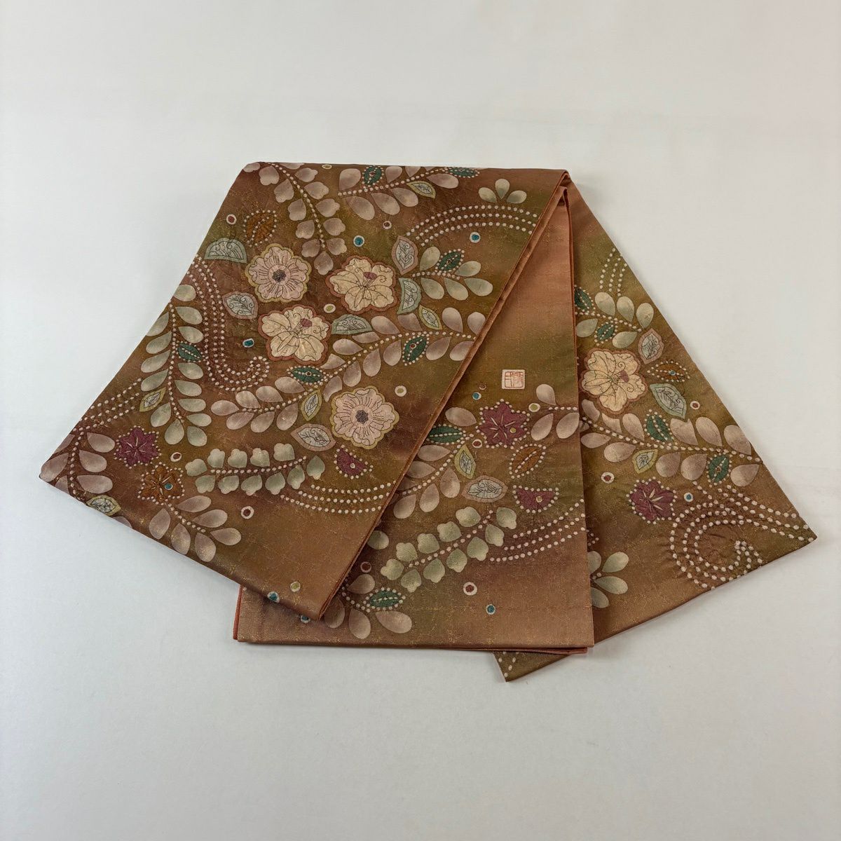 【美品】 袋帶 名品級 附有落款 辻花染圖案 金線 金金箔 茶色 大鼓圖案 純蠶絲