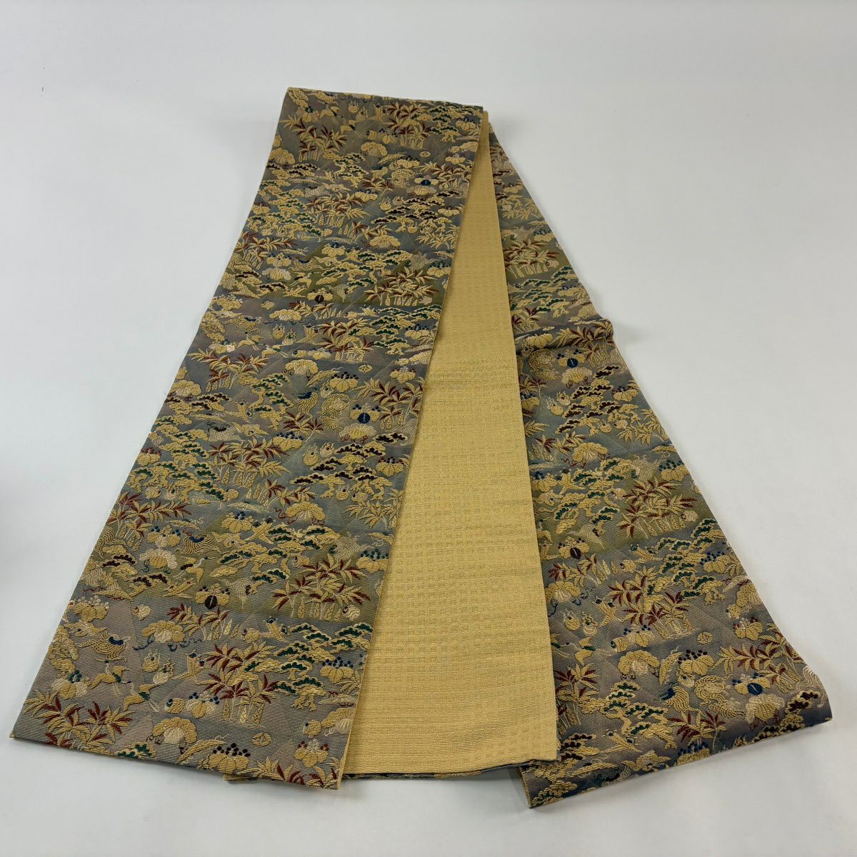【美品】 袋帶 名品級 仙鶴 寶盡くし 金絲 灰色 全通 純蠶絲