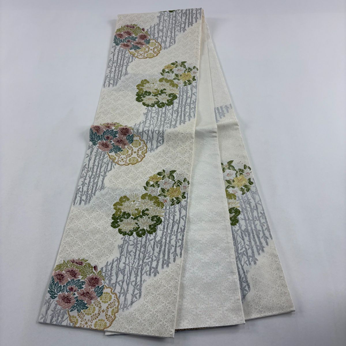 【美品】 袋帶 逸品級 枝花 雪輪 唐織 金絲 奶油 六通 純蠶絲