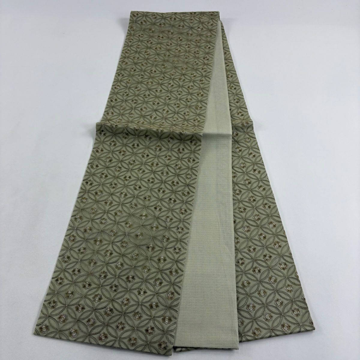 【美品】 袋帶 逸品級 七寶紋 花 刺繡 灰綠 全通 純蠶絲