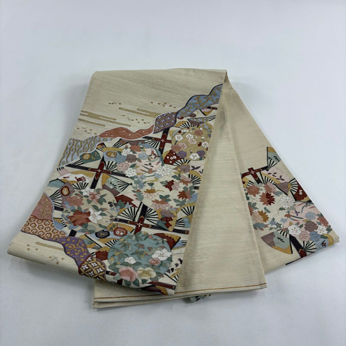 【美品】 袋帶 逸品級 花丸紋 扇子子 金絲 米色 大鼓圖案 純蠶絲