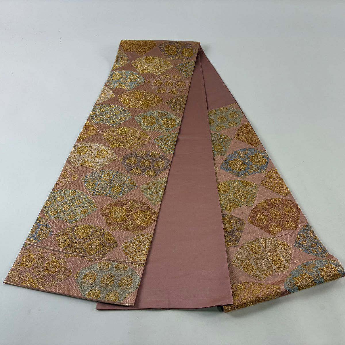 袋帶 名品級 河村織物 落款あり 關西裁縫 扇子面 草花紋 金絲 金金箔 淺粉色 六通 純蠶絲