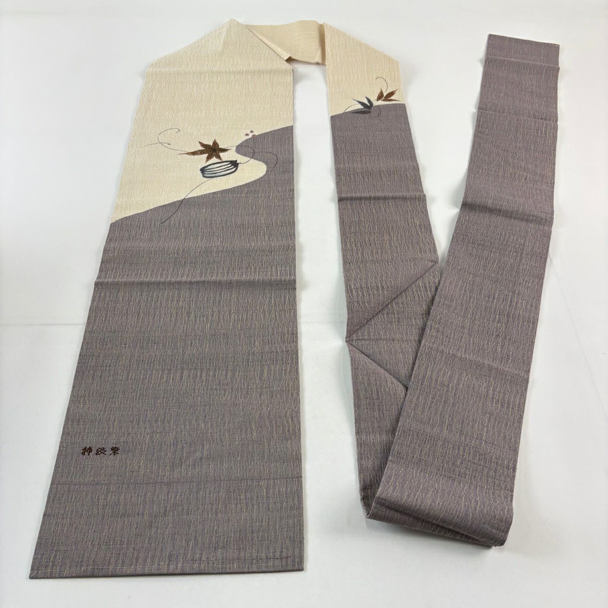 【美品】 名古屋帶 名品級 葉與果 金絲 奶油色 純蠶絲